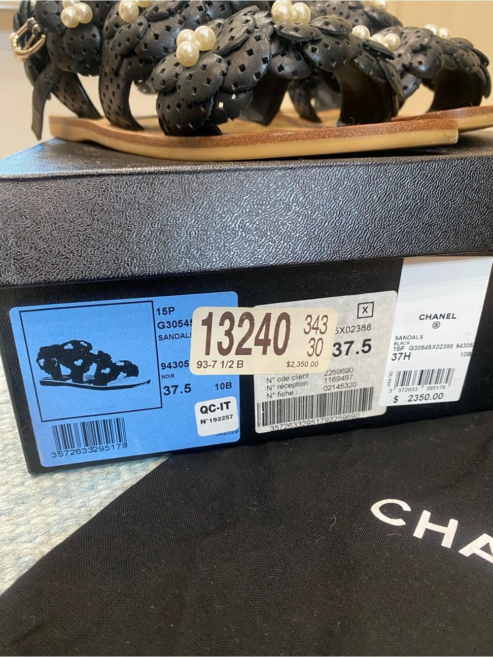 CHANEL G30545 Black Leather Pearl Camellia Sandals Size 37.5 / US 7.5 w/ Box